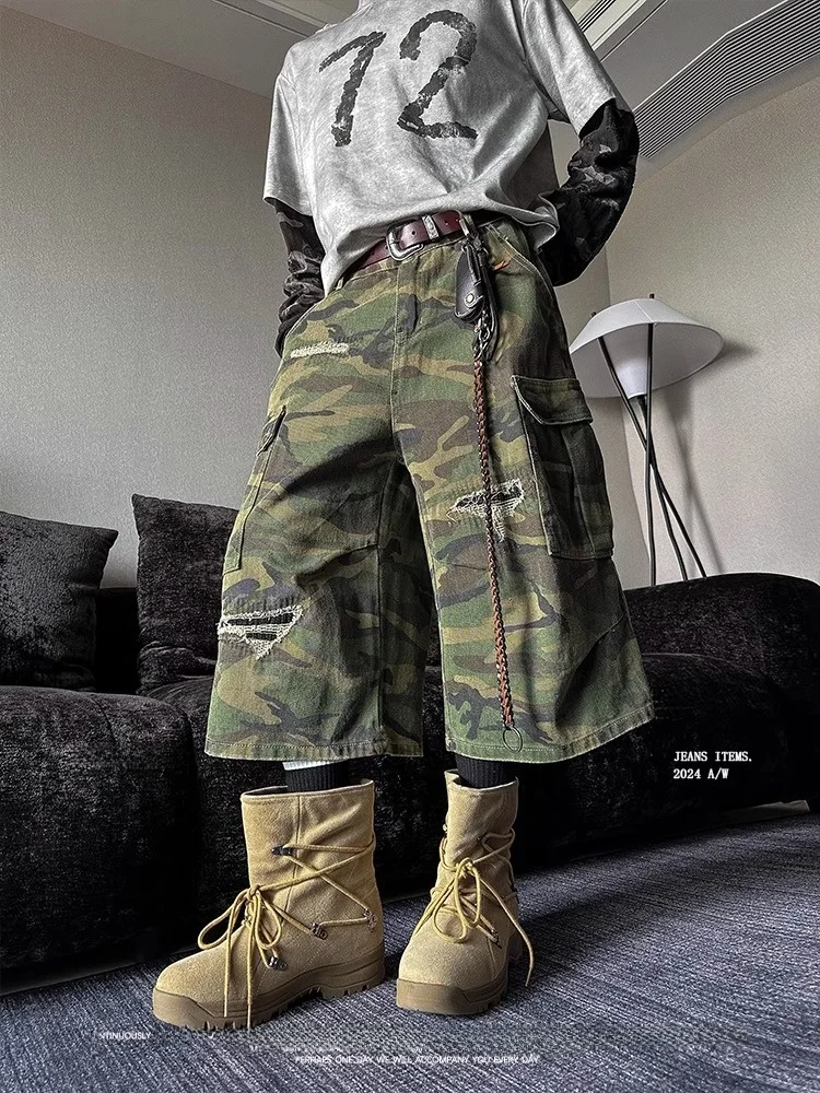 American Retro Camouflage Hole Multi-ket Work ort Pants Men's Summer Casual Loose Seven-point Pants Leisure Trousers
American Retro Camouflage Hole Multi-ket Work ort Pants Men's Summer Casual Loose Seven-point Pants Leisure Trousers