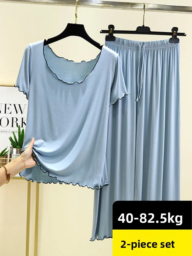 Summer Modal Set Women Loose Large Size Short Sleeve T-Shirt High Waist Ruffle Long Pants Outdoor Home Sleepwear Ensemble
Summer Modal Set Women Loose Large Size Short Sleeve T-Shirt High Waist Ruffle Long Pants Outdoor Home Sleepwear Ensemble