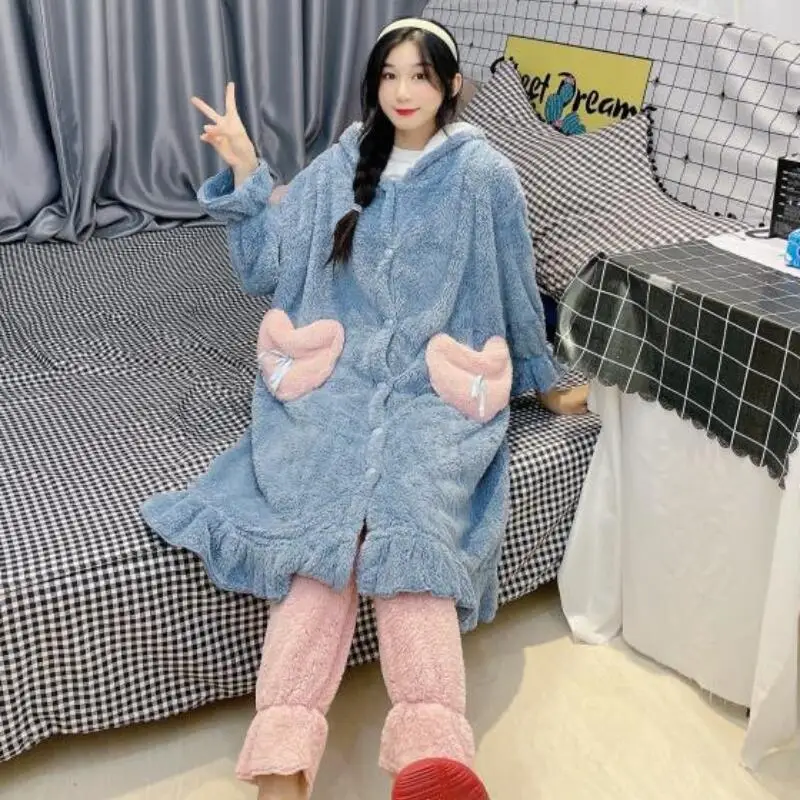 Girl Cute Pajamas Suit Autumn Winter Thicken Coral Fleece Long Style Hooded Robe Flannel Wearable As Outerwear Woman Homewear
Girl Cute Pajamas Suit Autumn Winter Thicken Coral Fleece Long Style Hooded Robe Flannel Wearable As Outerwear Woman Homewear
