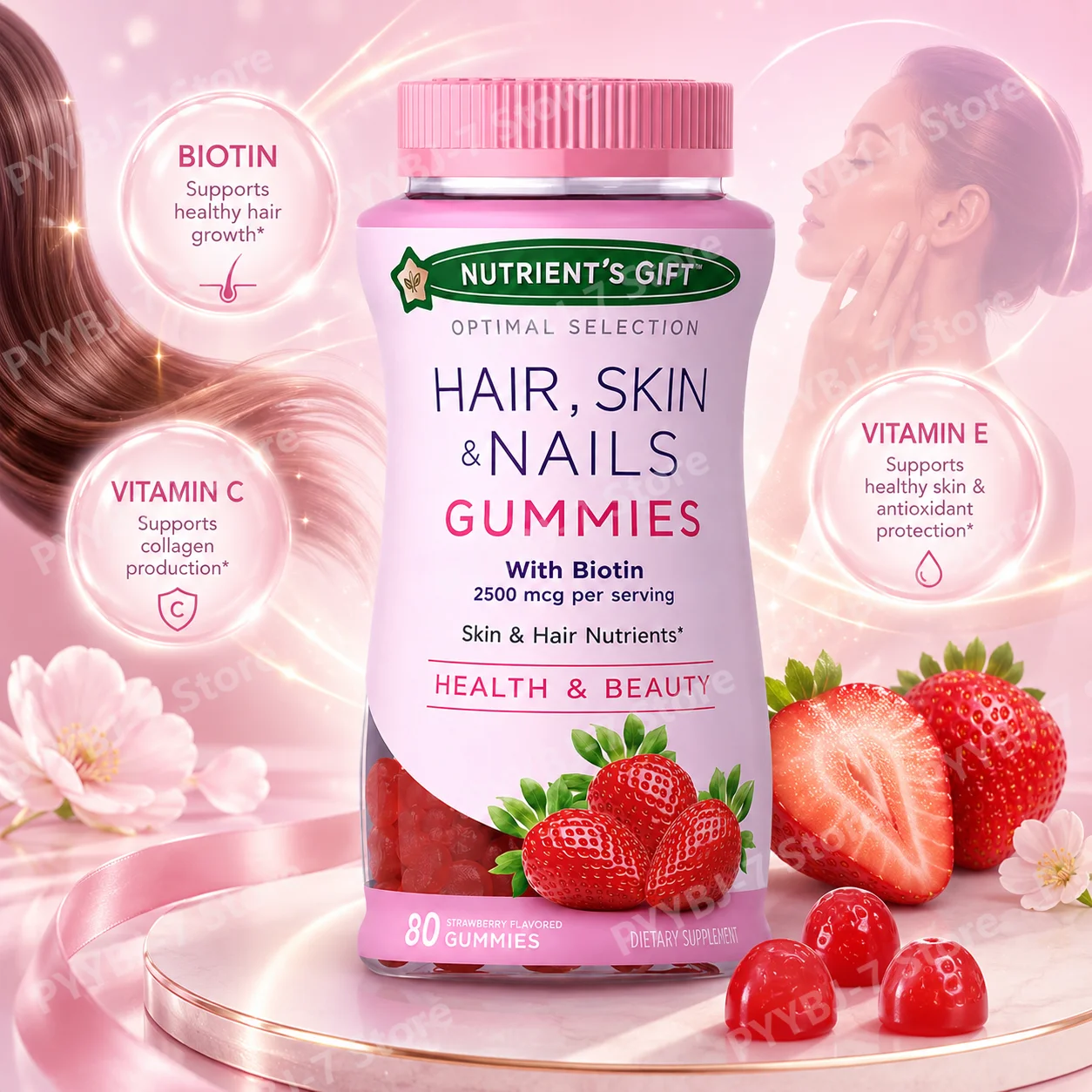 Strawberry Biotin Gummies for Adults 2500mcg per Serving Vitamin C & E Hair Skin Nails Beauty Support Daily Nutrition Support
Strawberry Biotin Gummies for Adults 2500mcg per Serving Vitamin C & E Hair Skin Nails Beauty Support Daily Nutrition Support