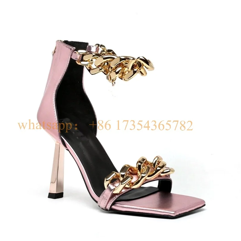 2022 New Metal Chain 9.5CM Stilettos Sandals Back Zipper Women Square Toe Luxury Design Sandals Metallic Leather Shoes
2022 New Metal Chain 9.5CM Stilettos Sandals Back Zipper Women Square Toe Luxury Design Sandals Metallic Leather Shoes