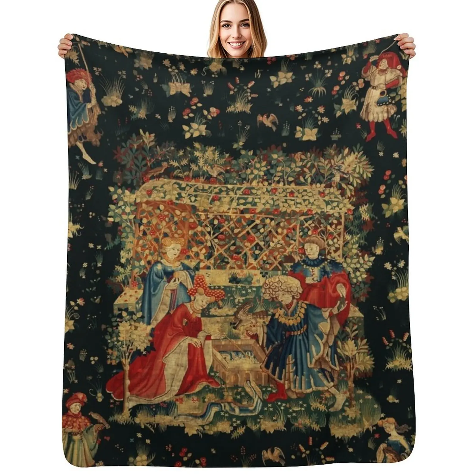 FALCONS BATH Red Blue Antique Medieval Tapestry,Court Figures,Birds, Flowers ,Rose Trellis Throw Blanket Loose Blankets 
FALCONS BATH Red Blue Antique Medieval Tapestry,Court Figures,Birds, Flowers ,Rose Trellis Throw Blanket Loose Blankets