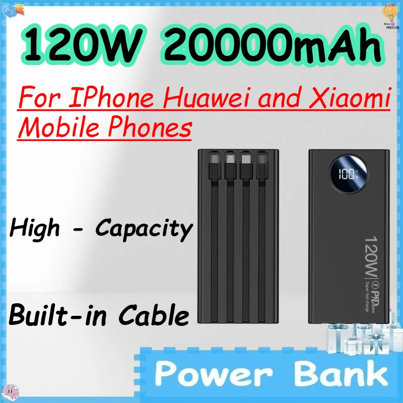 120W 20000mAh Power Bank with Built-in Cable for IPhone Huawei and Xiaomi Mobile Phones High - Capacity Powerbank
120W 20000mAh Power Bank with Built-in Cable for IPhone Huawei and Xiaomi Mobile Phones High - Capacity Powerbank