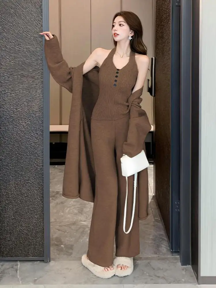 Autumn Fashion New Three Piece Set Women Solid Long Cardigan Sweaters Coat And Halter Knitted Button Vest Tops + High Waist Pant
Autumn Fashion New Three Piece Set Women Solid Long Cardigan Sweaters Coat And Halter Knitted Button Vest Tops + High Waist Pant