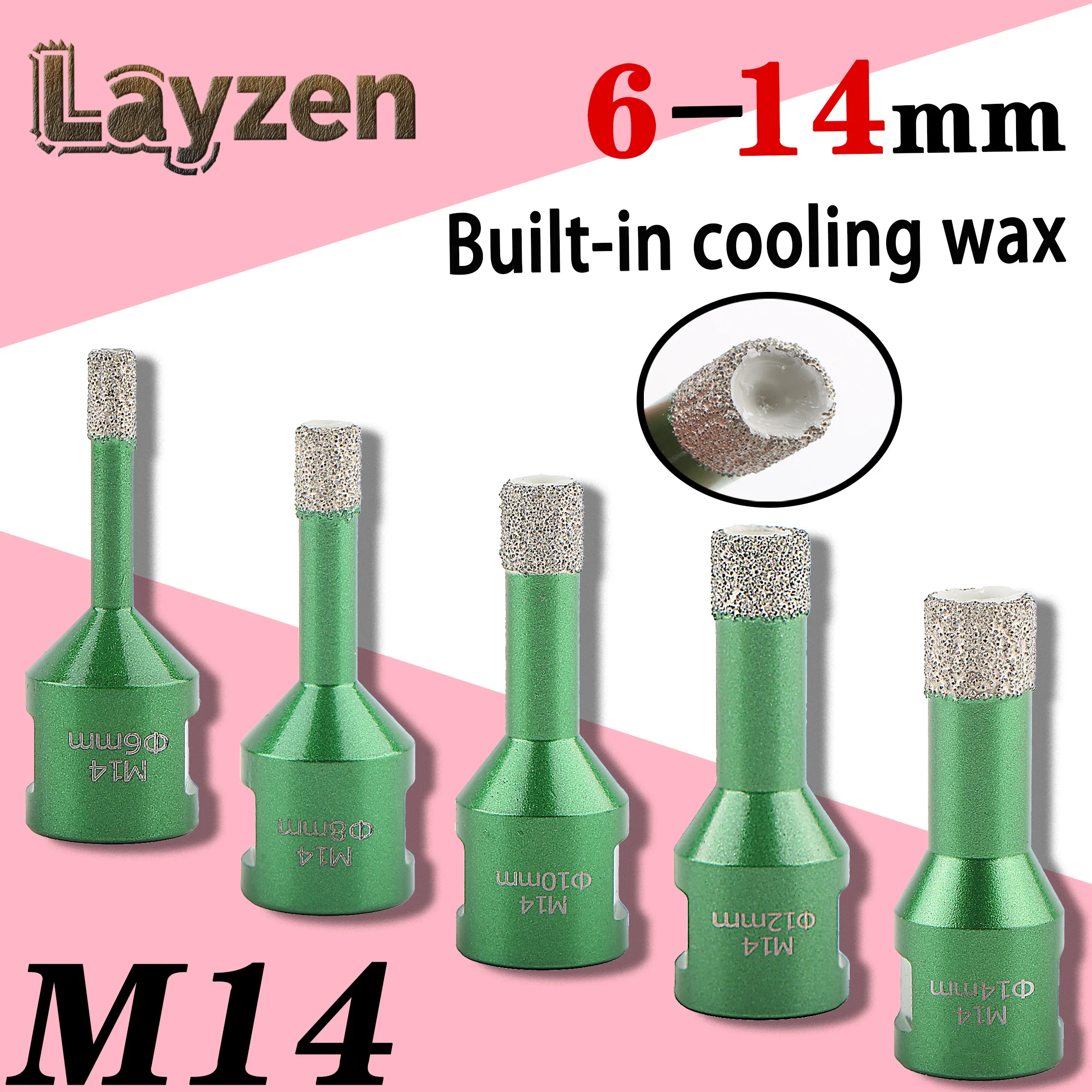 M14 Thread Cyclone Vacuum Brazed Diamond Core Bit Set 6/8/10/12/14mm With Built-in Cooling Wax For Porcelain Tile Granite Marble
M14 Thread Cyclone Vacuum Brazed Diamond Core Bit Set 6/8/10/12/14mm With Built-in Cooling Wax For Porcelain Tile Granite Marble