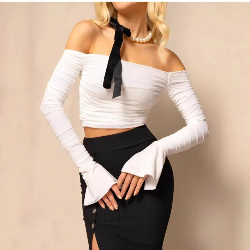 2025New Style European and American Sexy Off-Shoulder One-Neck Solid Color Sexy Top with Mesh Ruched Flare Sleeves Elegant Off-S
2025New Style European and American Sexy Off-Shoulder One-Neck Solid Color Sexy Top with Mesh Ruched Flare Sleeves Elegant Off-S