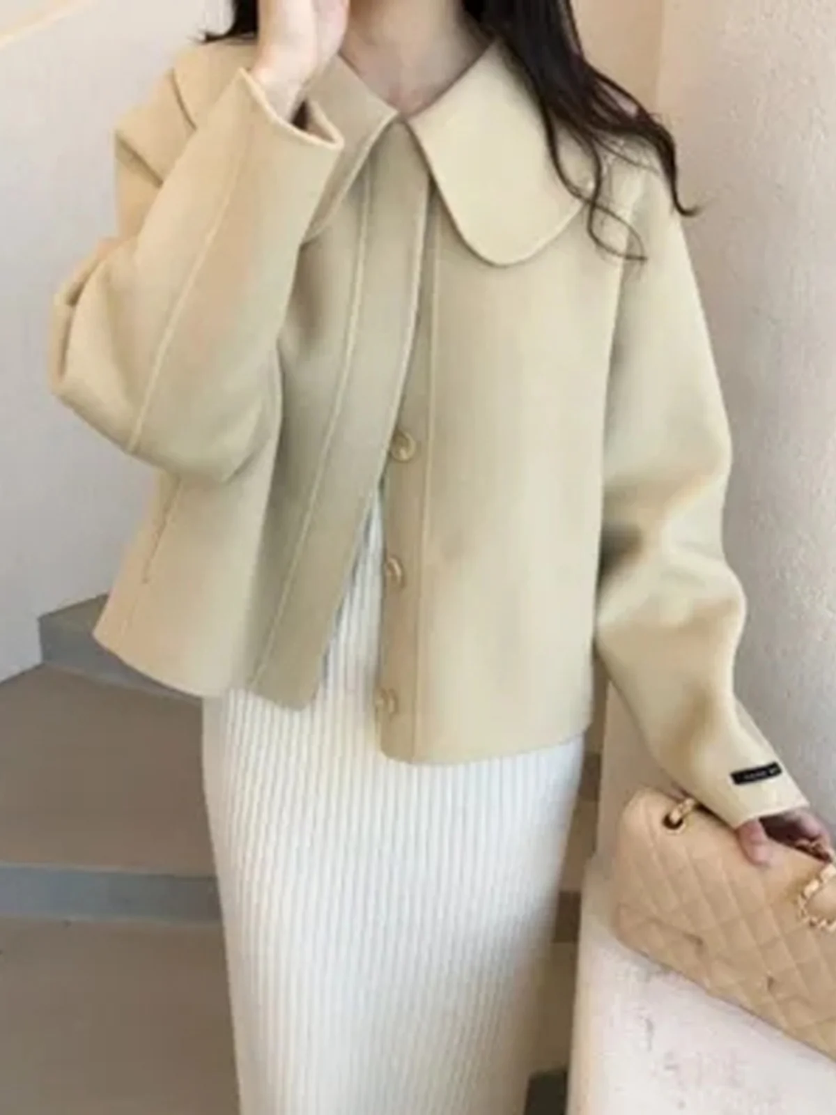 Winter ortened Age Plaid Coat Women's Korean Sle Aosphere Clothing Doll Collar Soft Woolen Coats Long Sve Pure Color
Winter ortened Age Plaid Coat Women's Korean Sle Aosphere Clothing Doll Collar Soft Woolen Coats Long Sve Pure Color