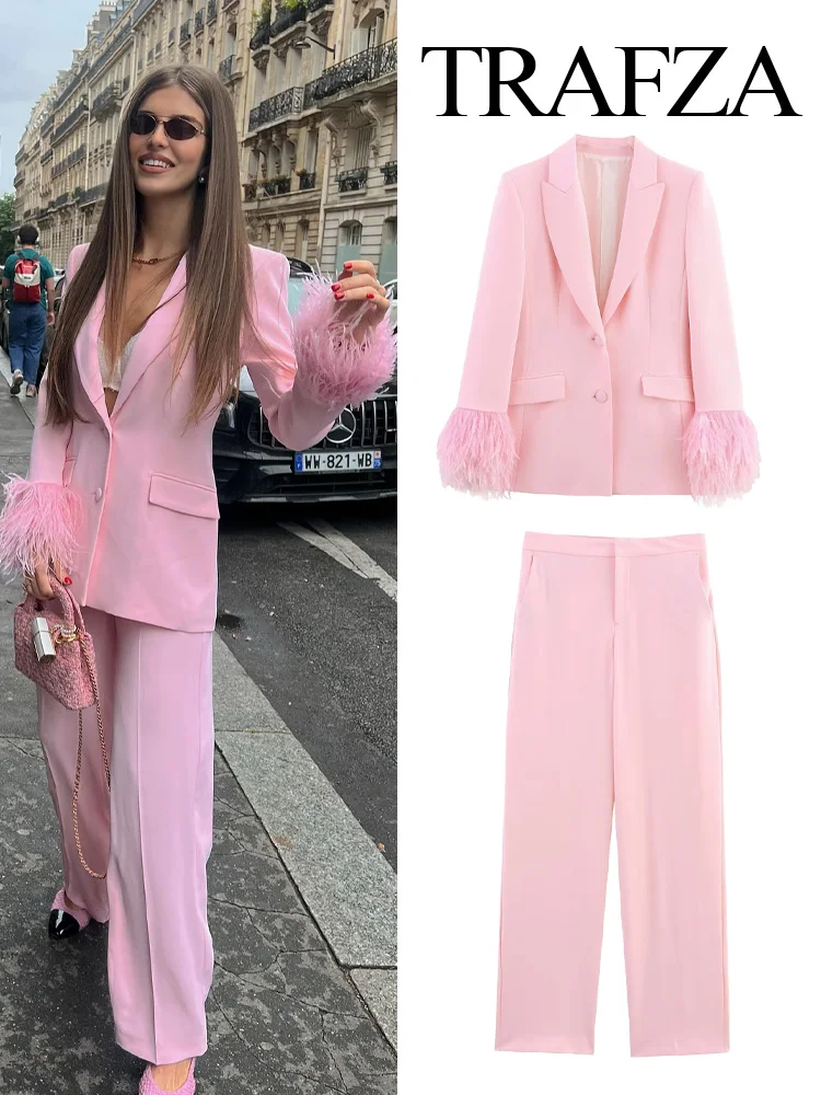 TRAFZA Women Fashion Sets Pink Turn-Down Collar Long Sleeves Single-Breasted Feather Blazer+Pocket High Waist Zipper Long Pants
TRAFZA Women Fashion Sets Pink Turn-Down Collar Long Sleeves Single-Breasted Feather Blazer+Pocket High Waist Zipper Long Pants