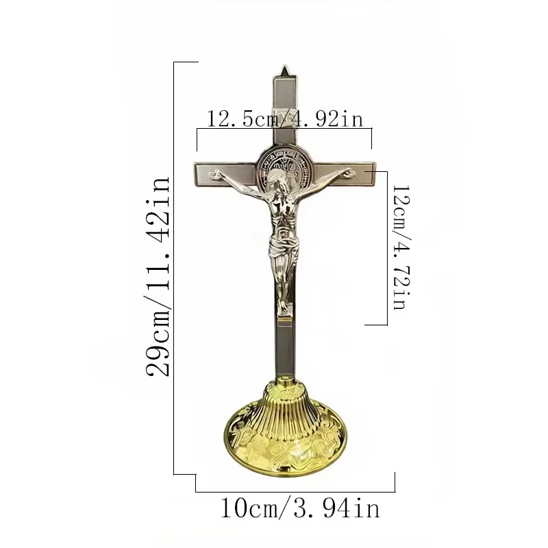 Two Tone Gold Silver Orthodox Table Crucifix with St. Benedict Medal and INRI Inscription for Church Home Altar Prayer Devotion
Two Tone Gold Silver Orthodox Table Crucifix with St. Benedict Medal and INRI Inscription for Church Home Altar Prayer Devotion