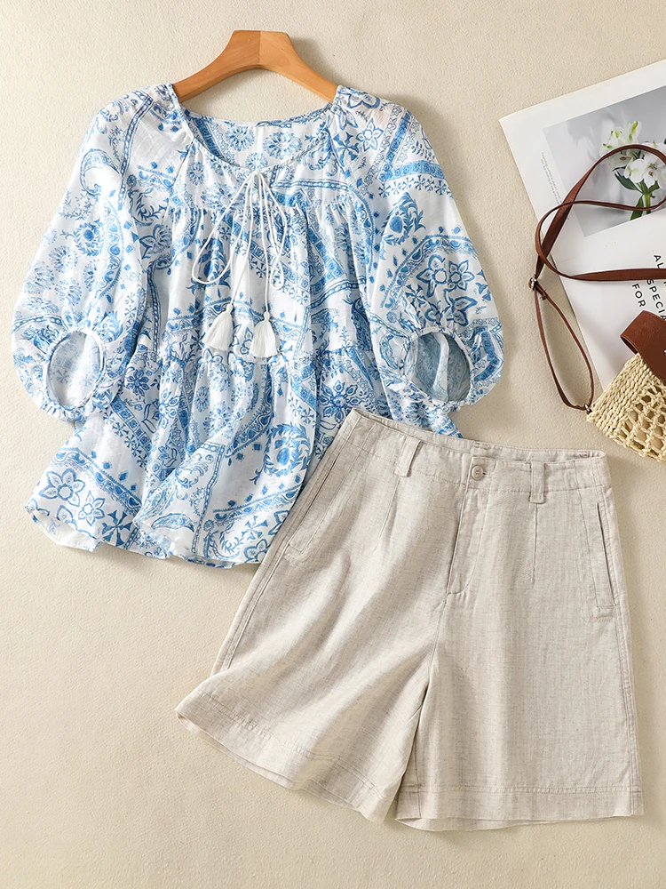 Bohemian Blue Porcelain Print T-Shirt Set Women's Summer New Color High Waist Shorts Two-Piece Set round Neck Tie Design
Bohemian Blue Porcelain Print T-Shirt Set Women's Summer New Color High Waist Shorts Two-Piece Set round Neck Tie Design