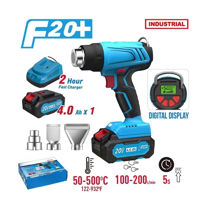 20V Cordless 100-200L/min Temperature Adjustable Battery Lithium Heat Gun Digital Screen with 4.0Ah
20V Cordless 100-200L/min Temperature Adjustable Battery Lithium Heat Gun Digital Screen with 4.0Ah