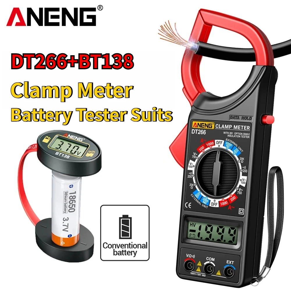 Clamp Meter Multimeter ANENG DT266 +BT138 Battery Tester kit AC/DC Voltage AC Current Ohm Resistance with Data Hold Tester Tools
Clamp Meter Multimeter ANENG DT266 +BT138 Battery Tester kit AC/DC Voltage AC Current Ohm Resistance with Data Hold Tester Tools