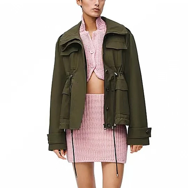 Women's flip-type stand-up collar mid-length jacket, fashion casual drawstring waist top. High Quality Trench coat, Fall, New,
Women's flip-type stand-up collar mid-length jacket, fashion casual drawstring waist top. High Quality Trench coat, Fall, New,