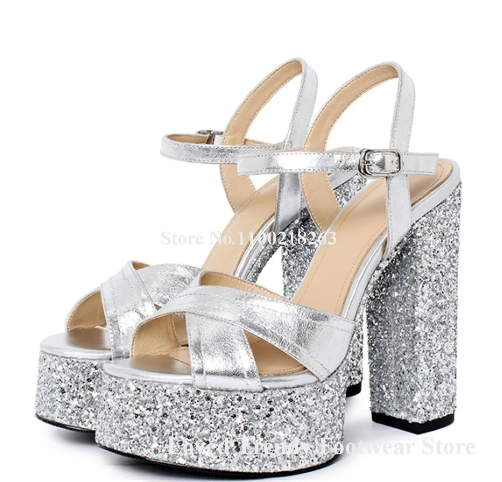 Emeline Dubois Bling Bling Silver Glitters Patchwork Chunky Heel Sandals Open Toe Straps Cross Silver Black High Platform Heels
Emeline Dubois Bling Bling Silver Glitters Patchwork Chunky Heel Sandals Open Toe Straps Cross Silver Black High Platform Heels
