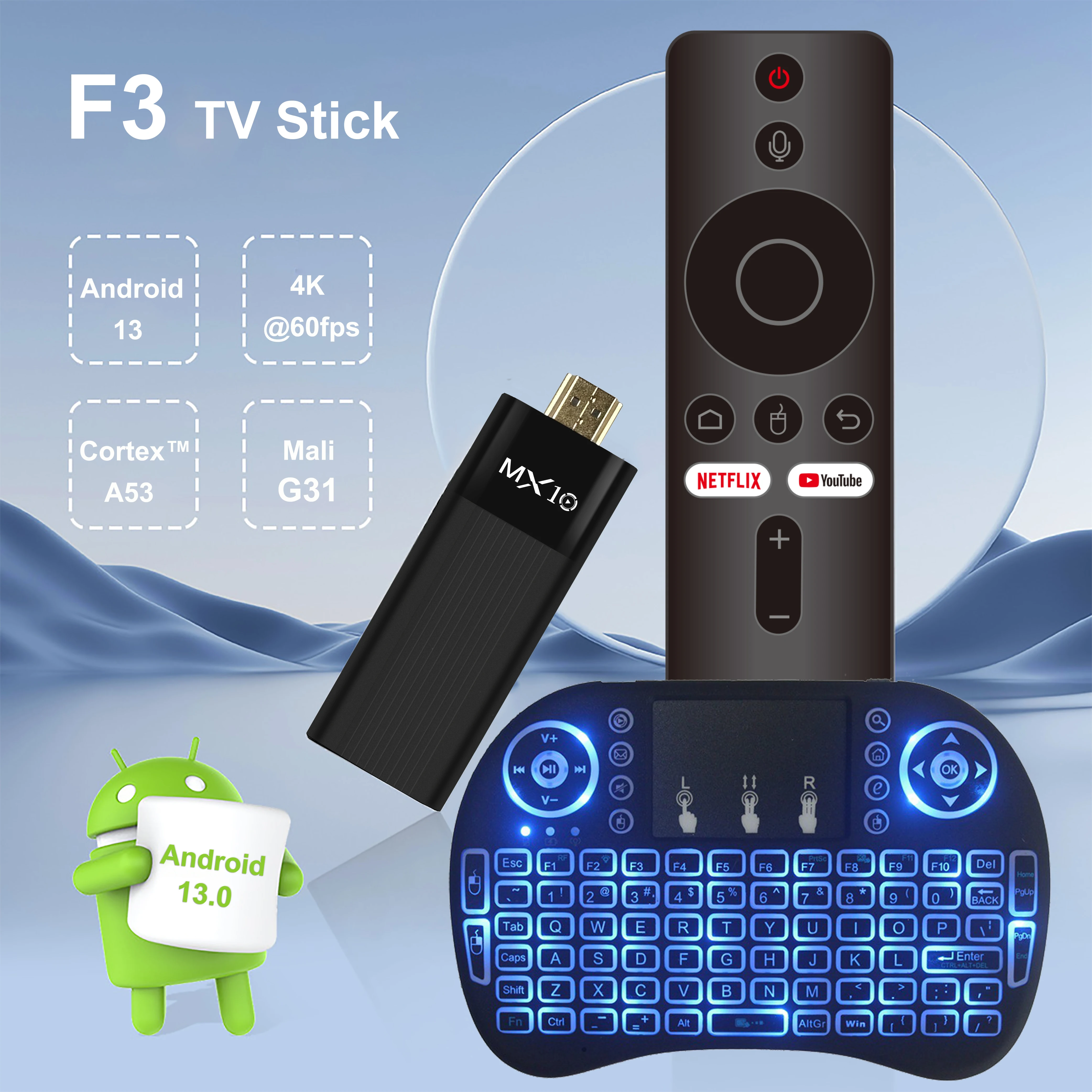 Fire TV Stick MX10 F3 and Mini Wireless Keyboard Allwinner H313 Quad-core Android 13 2.4G Air Mouse Remote with Colorful Backlit
Fire TV Stick MX10 F3 and Mini Wireless Keyboard Allwinner H313 Quad-core Android 13 2.4G Air Mouse Remote with Colorful Backlit