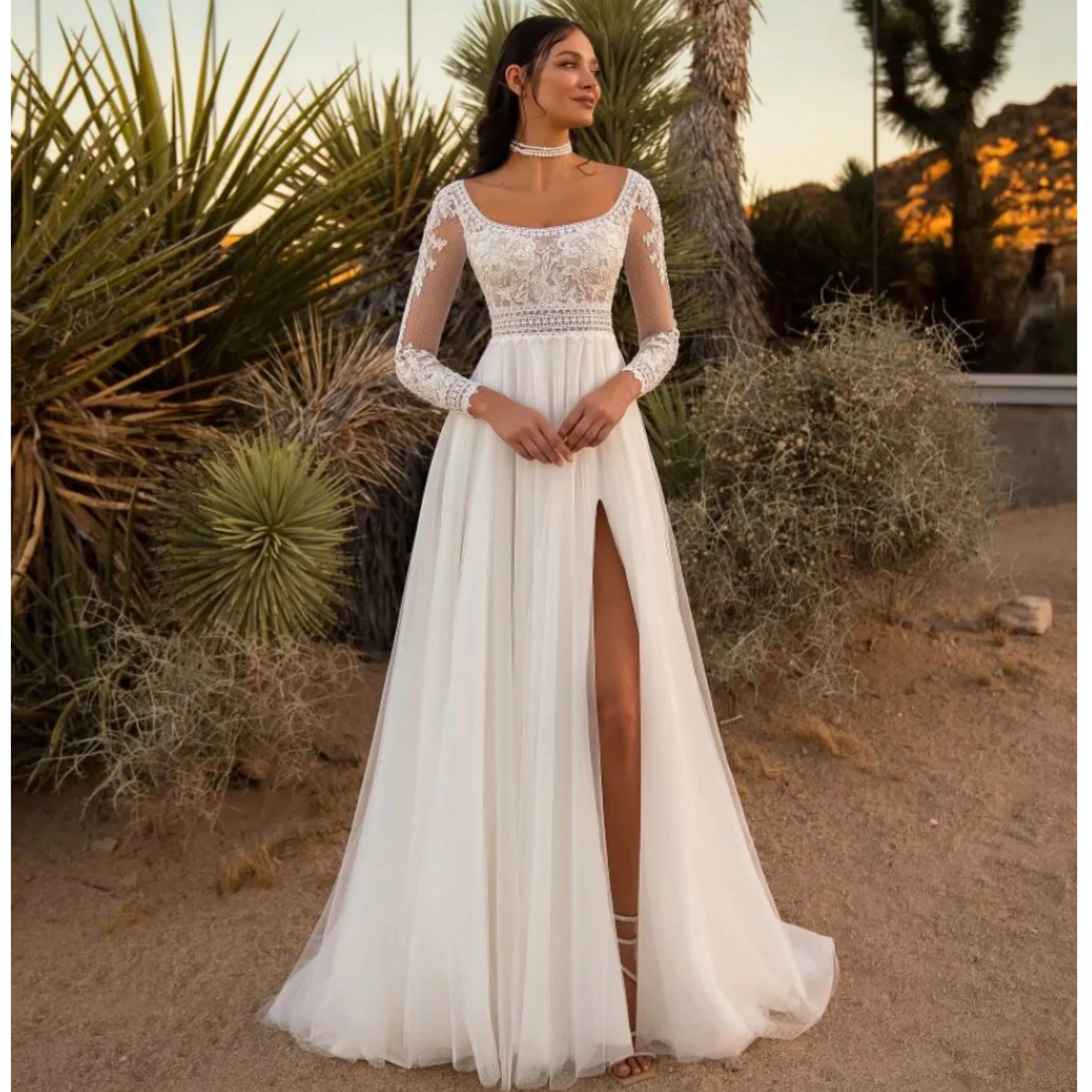 A Line Boho Wedding Dresses O Neck Lace Full Sleeves Bridal Gown Customized Side Slit Tulle Long Women Vestidos De novia
A Line Boho Wedding Dresses O Neck Lace Full Sleeves Bridal Gown Customized Side Slit Tulle Long Women Vestidos De novia
