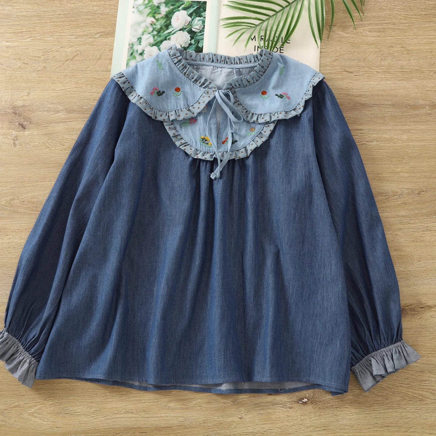 Mori kei clothing Japan style original women's denim shirt embroider patchwork denim blouses long sleeve tops
Mori kei clothing Japan style original women's denim shirt embroider patchwork denim blouses long sleeve tops