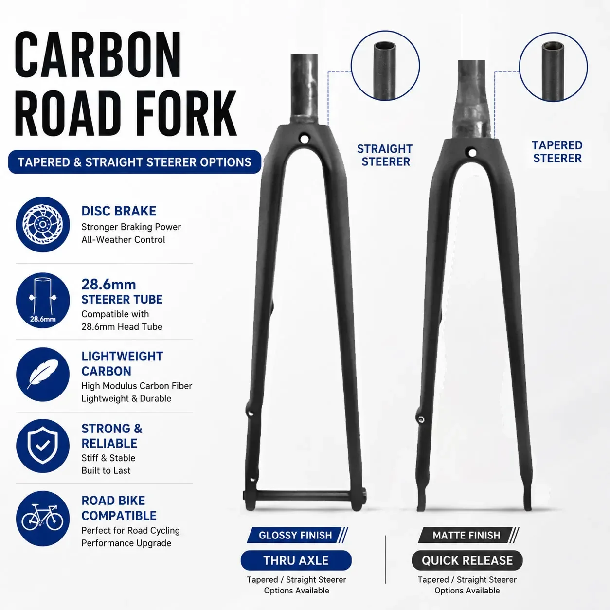 Carbon Fiber Road Bike Fork 700C Disc Brake, Flat Mount, Ultra-Light T800 Toray, 100x12mm Thru Axle/QR, Straight/Tapered Steerer
Carbon Fiber Road Bike Fork 700C Disc Brake, Flat Mount, Ultra-Light T800 Toray, 100x12mm Thru Axle/QR, Straight/Tapered Steerer