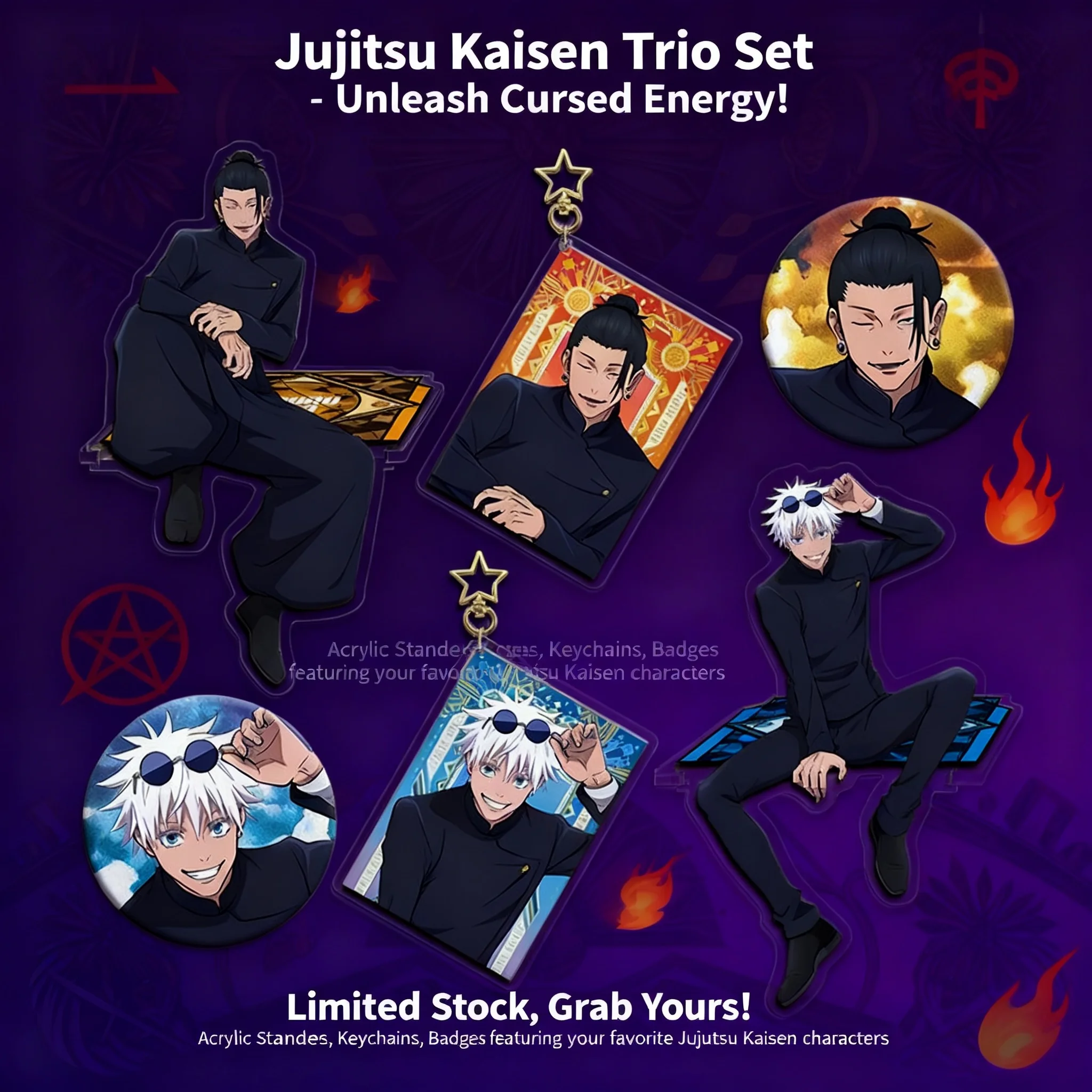Набор из трех предметов Jujutsu Kaisen: акриловая подставка, брелок, значок 58 мм, Годжо Сатору, Гето Сугуру, аниме-мерч, коллекционные фигурки
Набор из трех предметов Jujutsu Kaisen: акриловая подставка, брелок, значок 58 мм, Годжо Сатору, Гето Сугуру, аниме-мерч, коллекционные фигурки