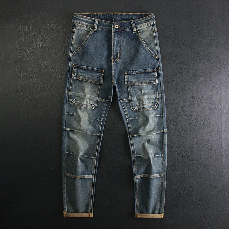 High end retro patchwork jeans for men with multiple pockets, motorcycle stretch, fashionable and slim fit, small leg pants
High end retro patchwork jeans for men with multiple pockets, motorcycle stretch, fashionable and slim fit, small leg pants