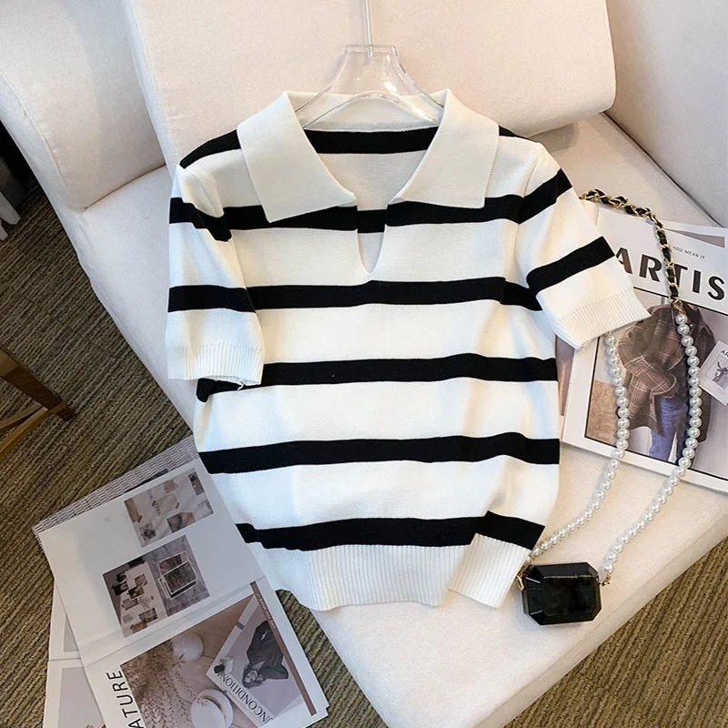 Nice New Striped Pattern Collared Sweater Versatile Short Sleeve Knitted Top For Spring & Summer Women's Clothing Crop Top
Nice New Striped Pattern Collared Sweater Versatile Short Sleeve Knitted Top For Spring & Summer Women's Clothing Crop Top