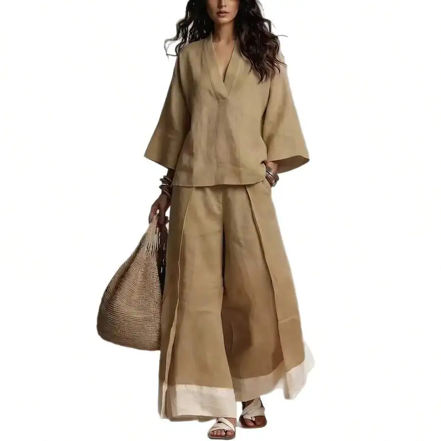 Cotton Linen V-Neck Three-Quarter Sleeve Top And Wide Leg Pants Set Women
Cotton Linen V-Neck Three-Quarter Sleeve Top And Wide Leg Pants Set Women