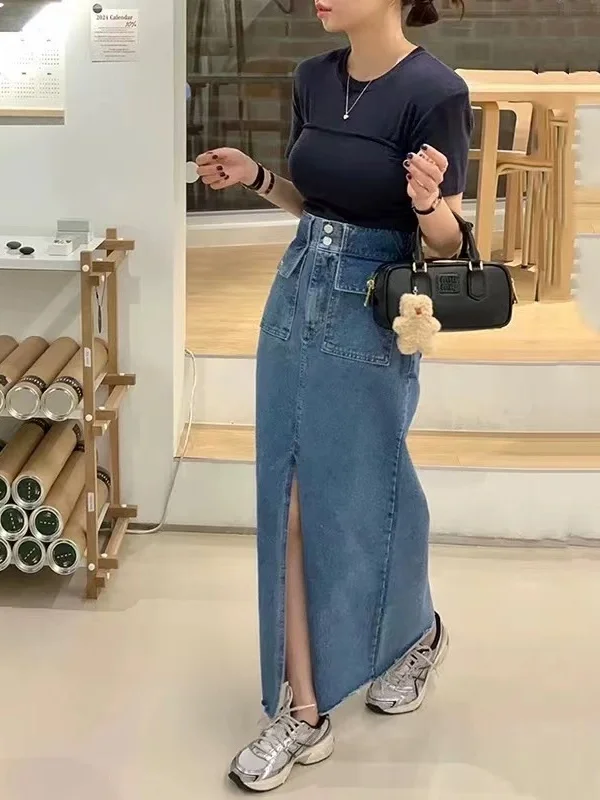 High Waist Two Button Denim Skirt Women's Waed Double ket Patchwork Bodycon Front Slit Long Cotton Skirt Trendy
High Waist Two Button Denim Skirt Women's Waed Double ket Patchwork Bodycon Front Slit Long Cotton Skirt Trendy