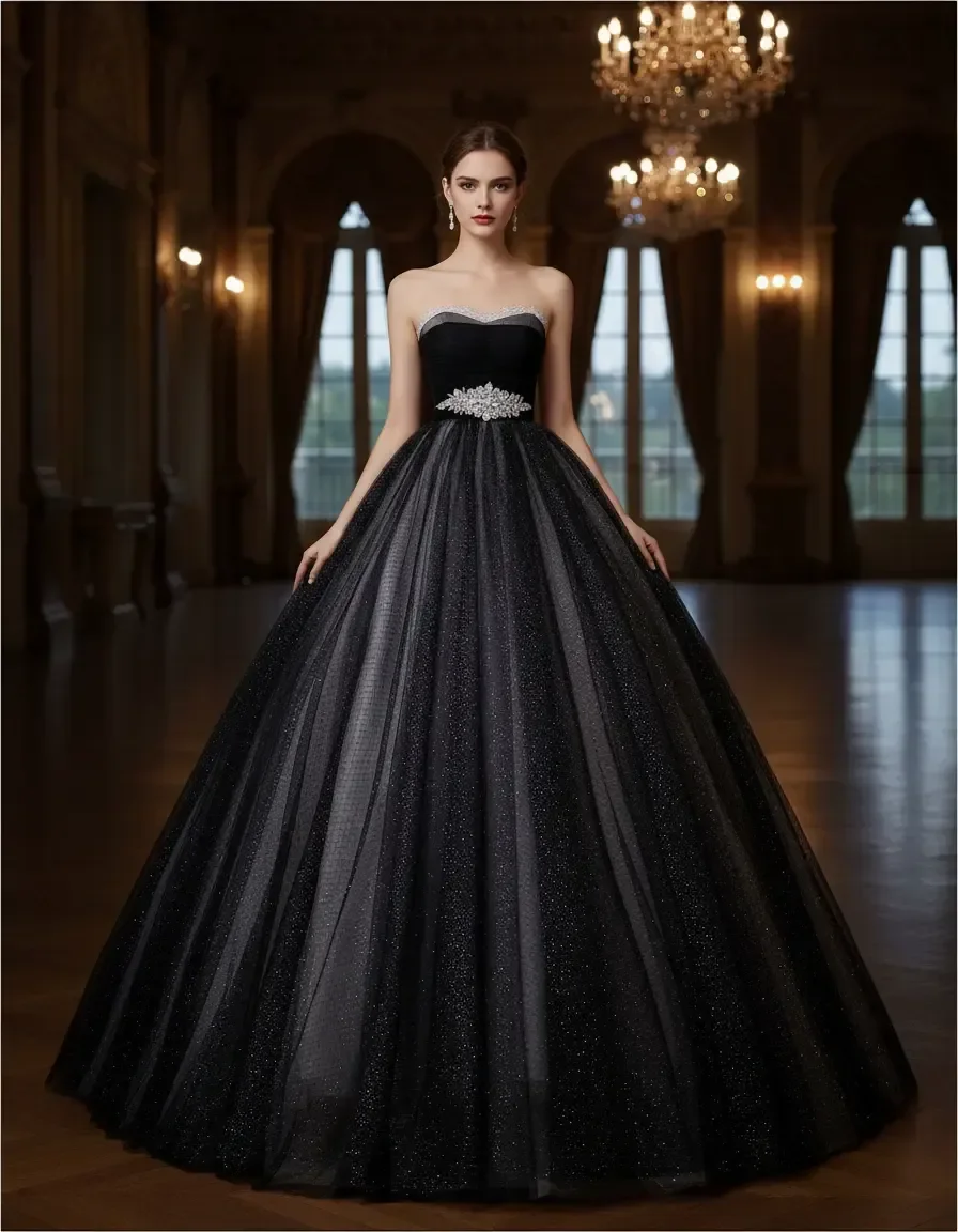 Black Strapless Tulle Ball Gown with Silver Crystal Belt Quinceanera Prom Dress with Free Petticoat
Black Strapless Tulle Ball Gown with Silver Crystal Belt Quinceanera Prom Dress with Free Petticoat