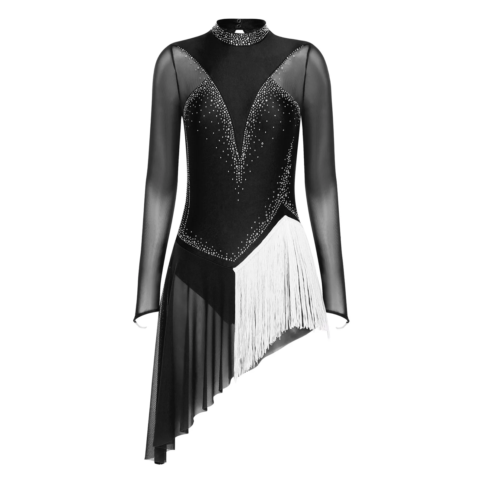 Womens Rhinestone Ice Skating Dress Long Sleeve Backless Irregular Hem Side with Fringe Gymnastics Latin Dance Leotard Dress
Womens Rhinestone Ice Skating Dress Long Sleeve Backless Irregular Hem Side with Fringe Gymnastics Latin Dance Leotard Dress