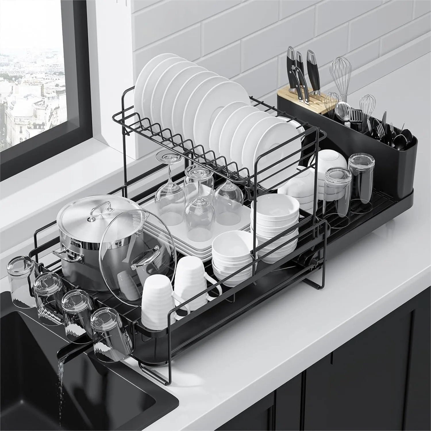 Large Dish Drying Rack - Extendable, Rust-Free Dish Drainer with Cutlery & Cup Holders, 19.2-26.7 in, Black
Large Dish Drying Rack - Extendable, Rust-Free Dish Drainer with Cutlery & Cup Holders, 19.2-26.7 in, Black