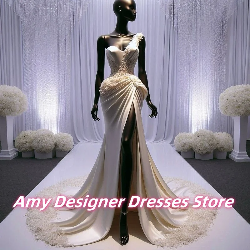 Elegant Flowers Applique One Shoulder Wedding Dresses For Women High Split Mermaid Luxury Bride Gowns African Females Customized
Elegant Flowers Applique One Shoulder Wedding Dresses For Women High Split Mermaid Luxury Bride Gowns African Females Customized