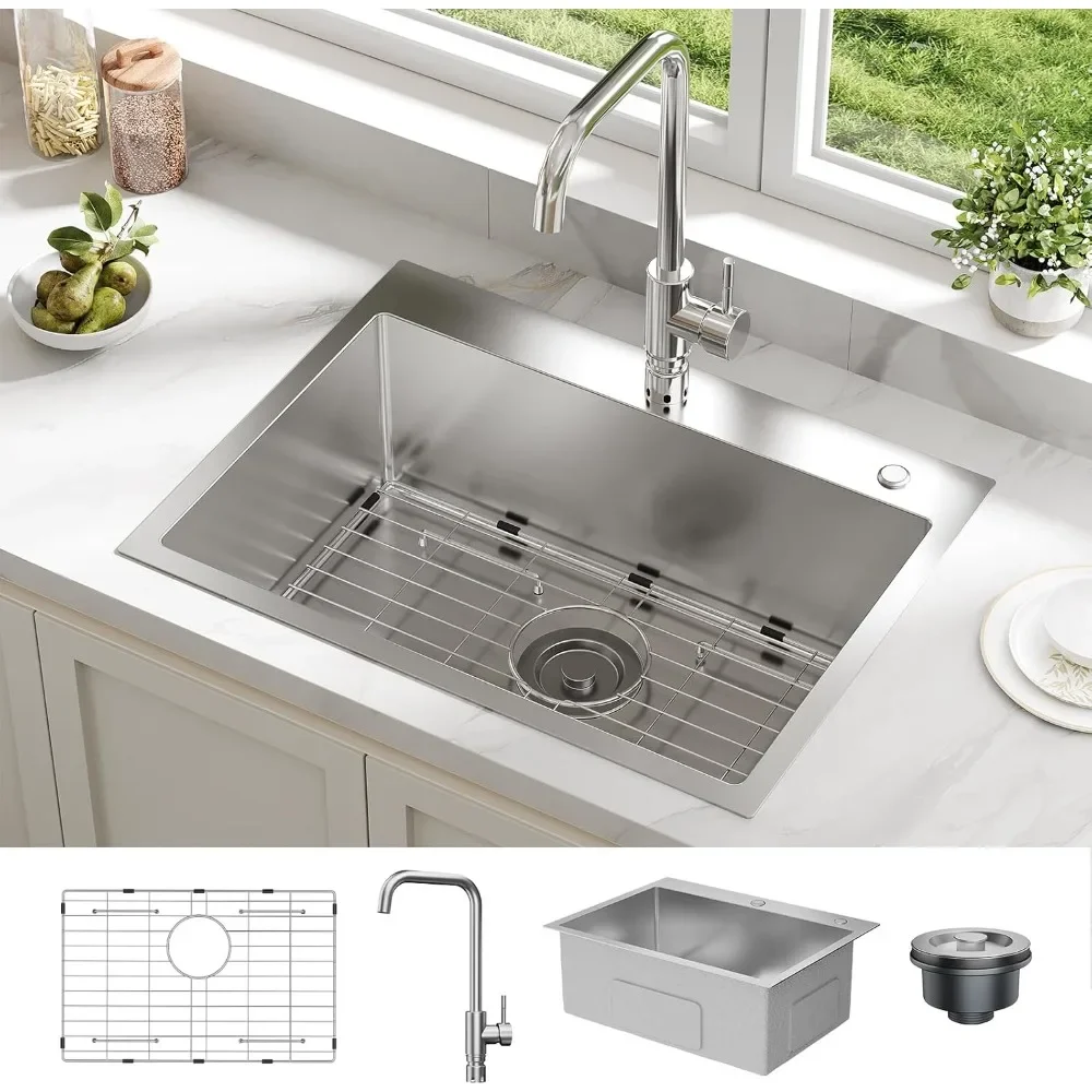 Kitchen Sink, Drop-In Stainless Steel Single Bowl Sink with Accessories, Modern Top Mount Workstation Sink with Pull-Down
Kitchen Sink, Drop-In Stainless Steel Single Bowl Sink with Accessories, Modern Top Mount Workstation Sink with Pull-Down