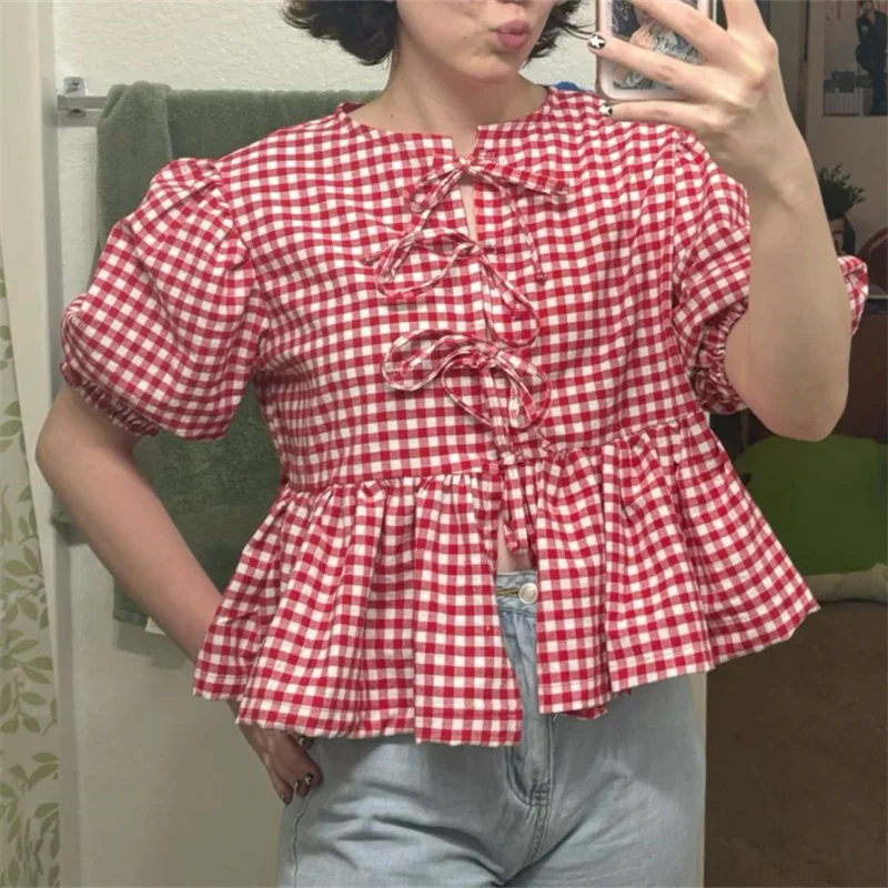 Elegant Plaid Bow Lace Up Blouse for Women Fashion Short Sleeve Loose Shirt Female 2024 Spring Summer Vintage Chic Tops
Elegant Plaid Bow Lace Up Blouse for Women Fashion Short Sleeve Loose Shirt Female 2024 Spring Summer Vintage Chic Tops