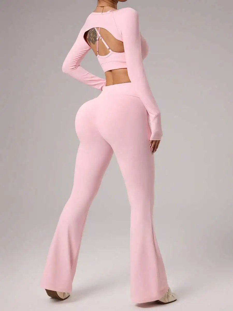 Pink 3-Piece Womens Workout Set: Long Sleeve Cropped Top, Adjustable Strap Sports Bra, Flared Yoga Pants
Pink 3-Piece Womens Workout Set: Long Sleeve Cropped Top, Adjustable Strap Sports Bra, Flared Yoga Pants