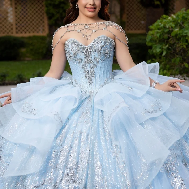 Sky Blue Shiny Ball Gown Quinceanera Dresses Sequin Applique Beading Crystal Bow Tiered Tull Corset Off The Shoulder Sweet 16
Sky Blue Shiny Ball Gown Quinceanera Dresses Sequin Applique Beading Crystal Bow Tiered Tull Corset Off The Shoulder Sweet 16