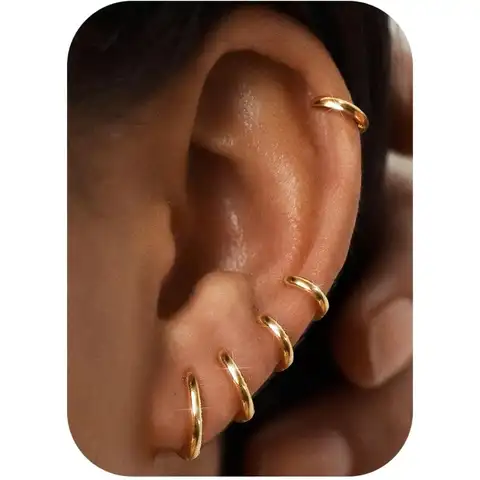 5Pairs Small Hoop Earrings Set for Women 14K Gold Plated Lightweight Tiny Huggie Hoops Mini Cartilage Earrings Pack Hypoallergenic Ear Piercing, Earring Stacking Set