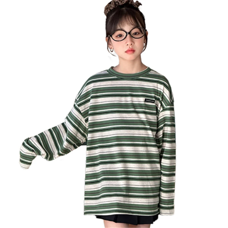 Spring Autumn Children Green Striped T-shirt for Teen Girls Casual Long Sleeve Cotton Tshirt Kids Teenager Fashion Tee Top 5-14Y
Spring Autumn Children Green Striped T-shirt for Teen Girls Casual Long Sleeve Cotton Tshirt Kids Teenager Fashion Tee Top 5-14Y
