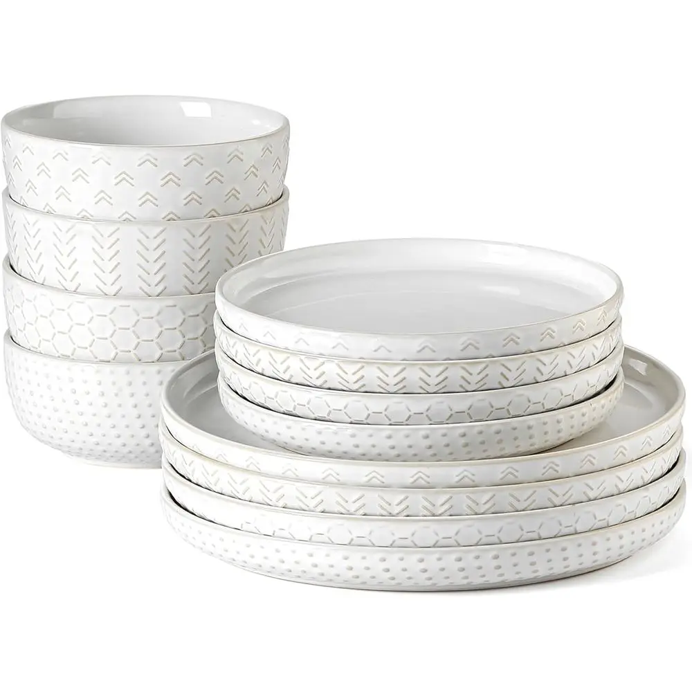 Dinnerware Sets Service for 4, 12 pcs Reactive Glaze Plates and Bowls Sets, Embossed Boho Ceramic Dish Set, Highly Chip and Crac
Dinnerware Sets Service for 4, 12 pcs Reactive Glaze Plates and Bowls Sets, Embossed Boho Ceramic Dish Set, Highly Chip and Crac