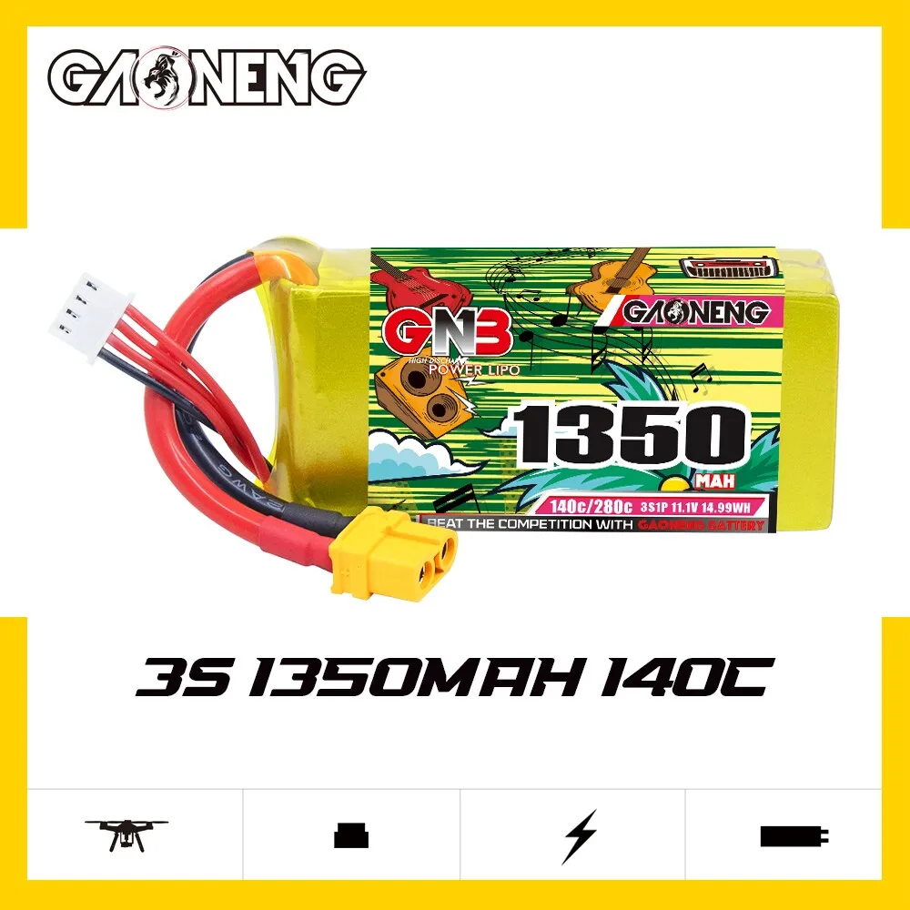 Gaoneng GNB 1350mAh 3S 11.1V 140C Lipo Battery With XT60 Plug Connector for FPV Racing Drone
Gaoneng GNB 1350mAh 3S 11.1V 140C Lipo Battery With XT60 Plug Connector for FPV Racing Drone