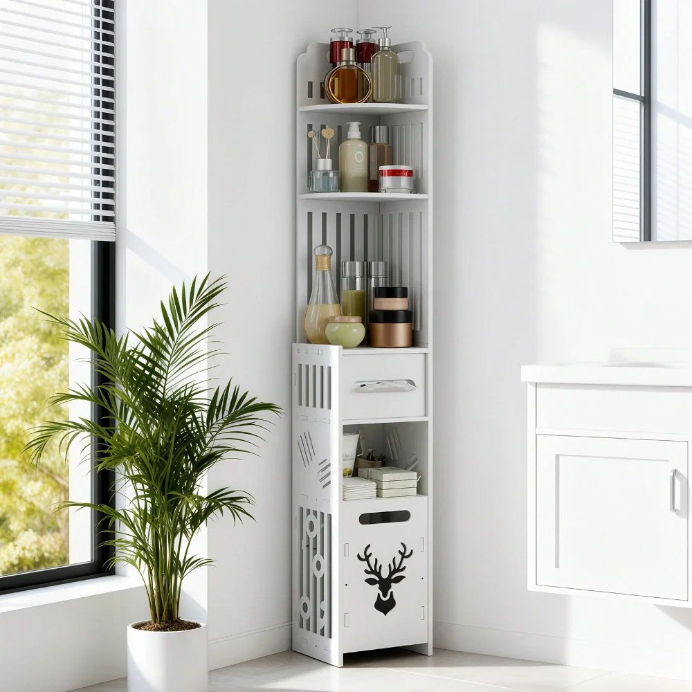 Narrow Corner Bathroom Cabinet, Freestanding Floor Storage Rack with Toilet Paper Holder, Space-Saving PVC Shelf Organize
Narrow Corner Bathroom Cabinet, Freestanding Floor Storage Rack with Toilet Paper Holder, Space-Saving PVC Shelf Organize