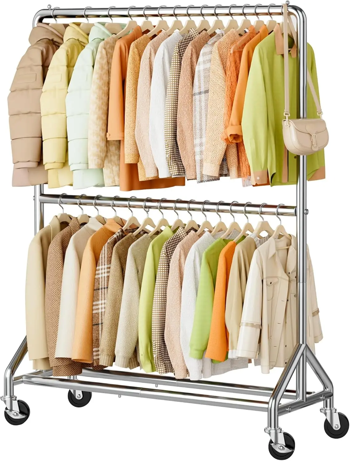 50" Heavy Duty Double Rod Clothes Rack with Wheels, Rolling Garment Rack for Hanging Shirts, Coats, Jackets, Silver
50" Heavy Duty Double Rod Clothes Rack with Wheels, Rolling Garment Rack for Hanging Shirts, Coats, Jackets, Silver