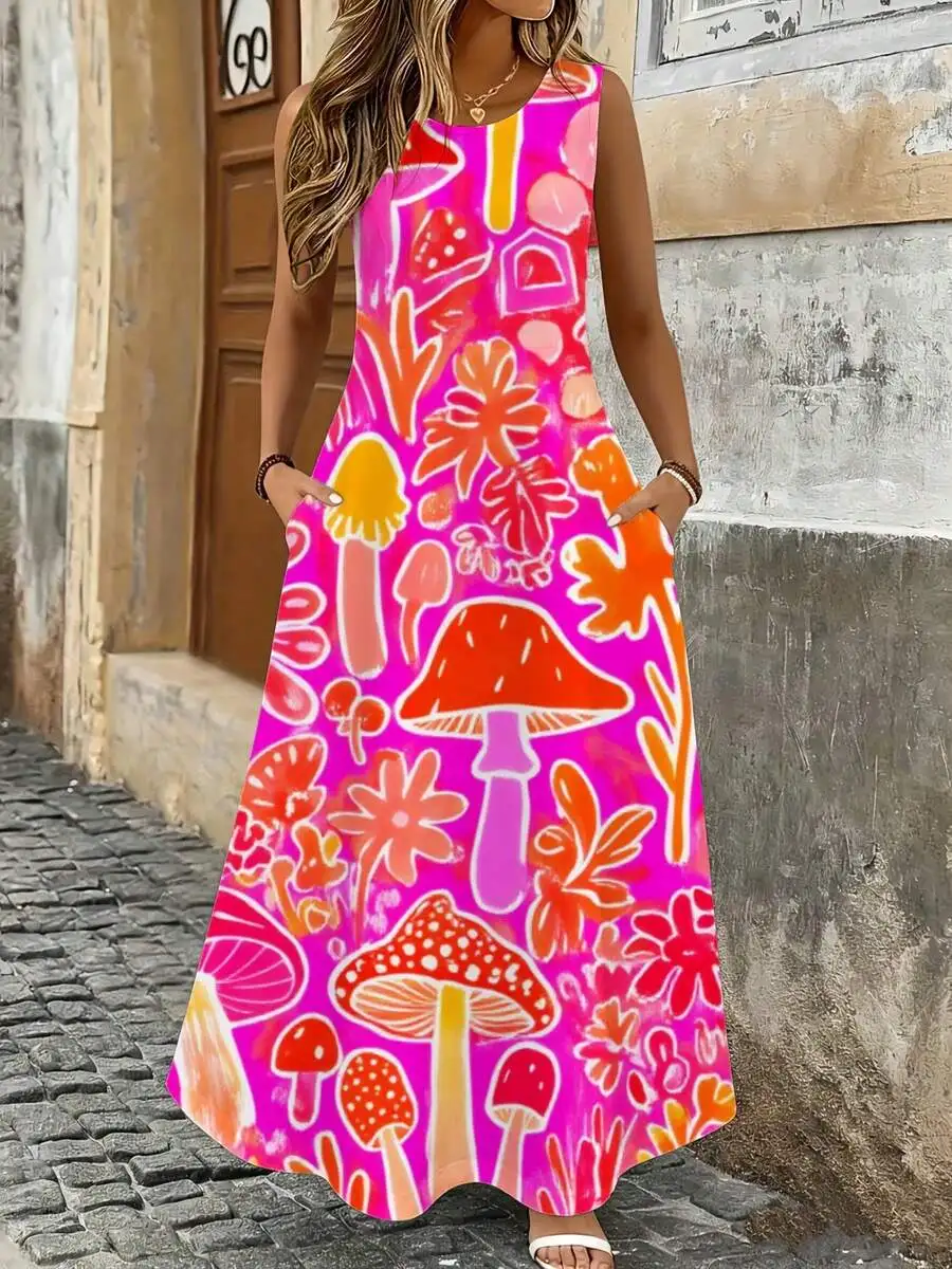 Sleeveless Maxi Dress Pink Mushroom Floral Print Summer Beach Vacation Outfit
Sleeveless Maxi Dress Pink Mushroom Floral Print Summer Beach Vacation Outfit