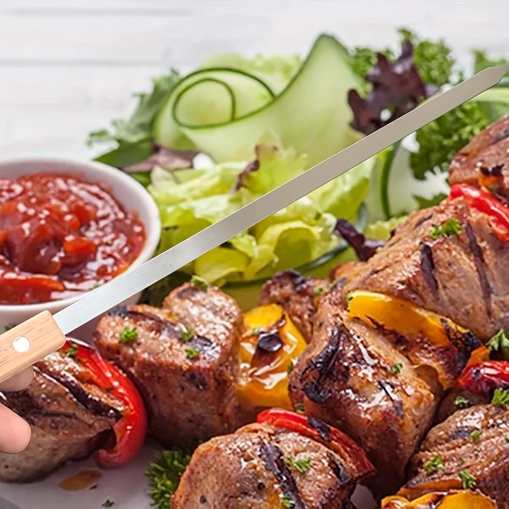 10 Heavy-duty Stainless Steel BBQ Skewers with Wooden Handles - Long Flat BBQ Skewers for Meat, Chicken, Shrimp, Vegetables
10 Heavy-duty Stainless Steel BBQ Skewers with Wooden Handles - Long Flat BBQ Skewers for Meat, Chicken, Shrimp, Vegetables