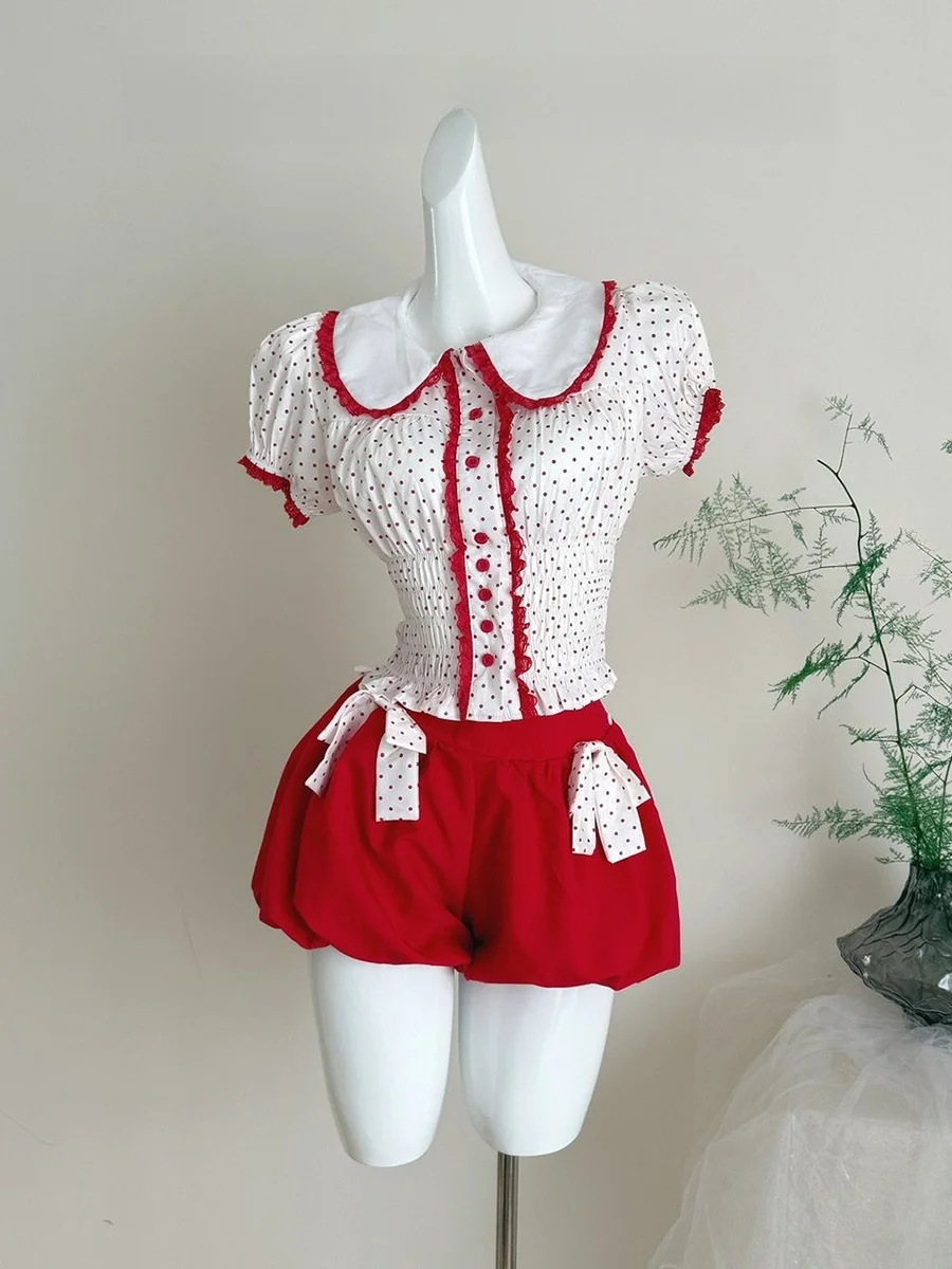 Red Polka Dot Doll Shirt with Bow Knot Short Set LUCKYMAN Summer Micro Drunken Bitter Sweet Women's Polyester Fiber Blouse
Red Polka Dot Doll Shirt with Bow Knot Short Set LUCKYMAN Summer Micro Drunken Bitter Sweet Women's Polyester Fiber Blouse
