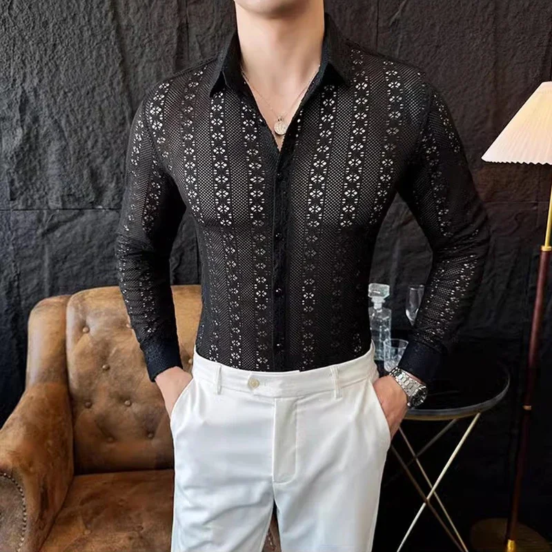 Sexy Lace See-through Slim Men Shirts Autumn Spring Lapel Long Sleeve Male Dress Shirt Club Prom Stage Hollow Mens Clothing 4XL
Sexy Lace See-through Slim Men Shirts Autumn Spring Lapel Long Sleeve Male Dress Shirt Club Prom Stage Hollow Mens Clothing 4XL