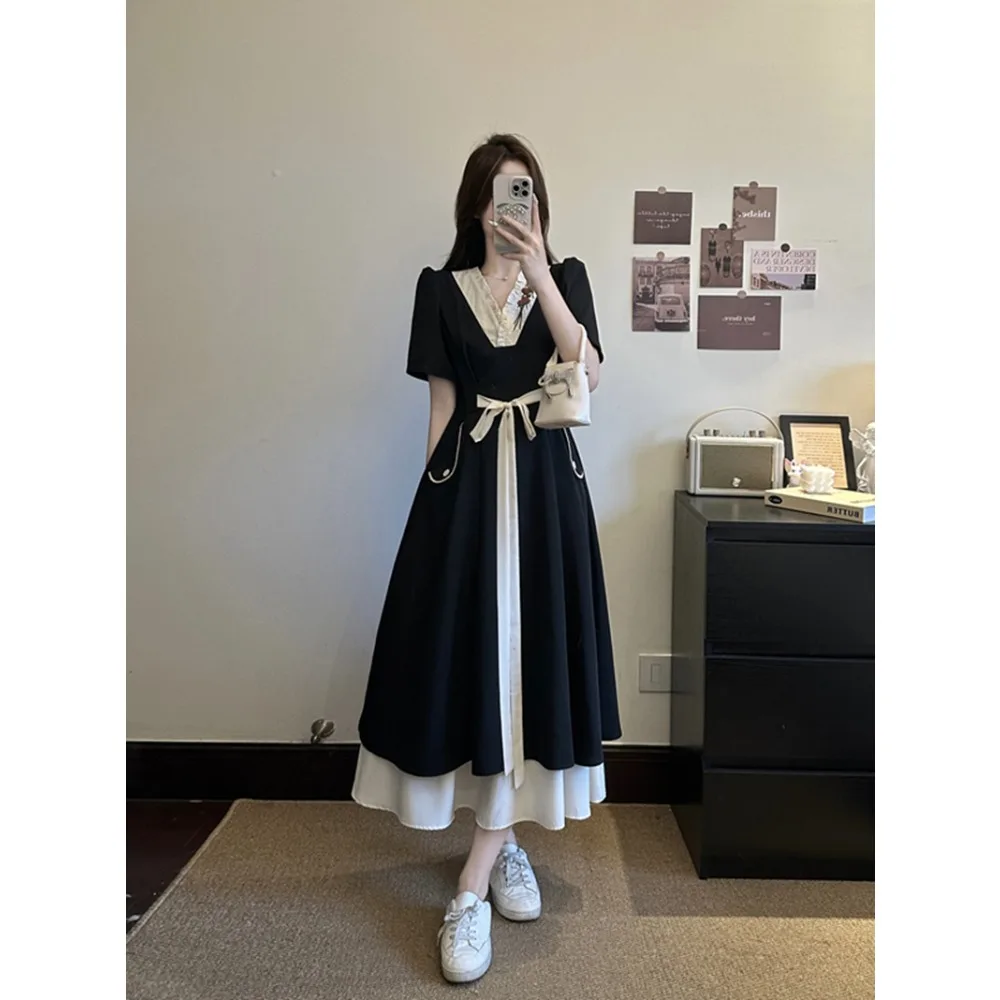 Elegant Vintage short sleeve lace-up Fake two-piece fairycore Chic Slim Dresses Evening High Street Plus Size women clothing
Elegant Vintage short sleeve lace-up Fake two-piece fairycore Chic Slim Dresses Evening High Street Plus Size women clothing