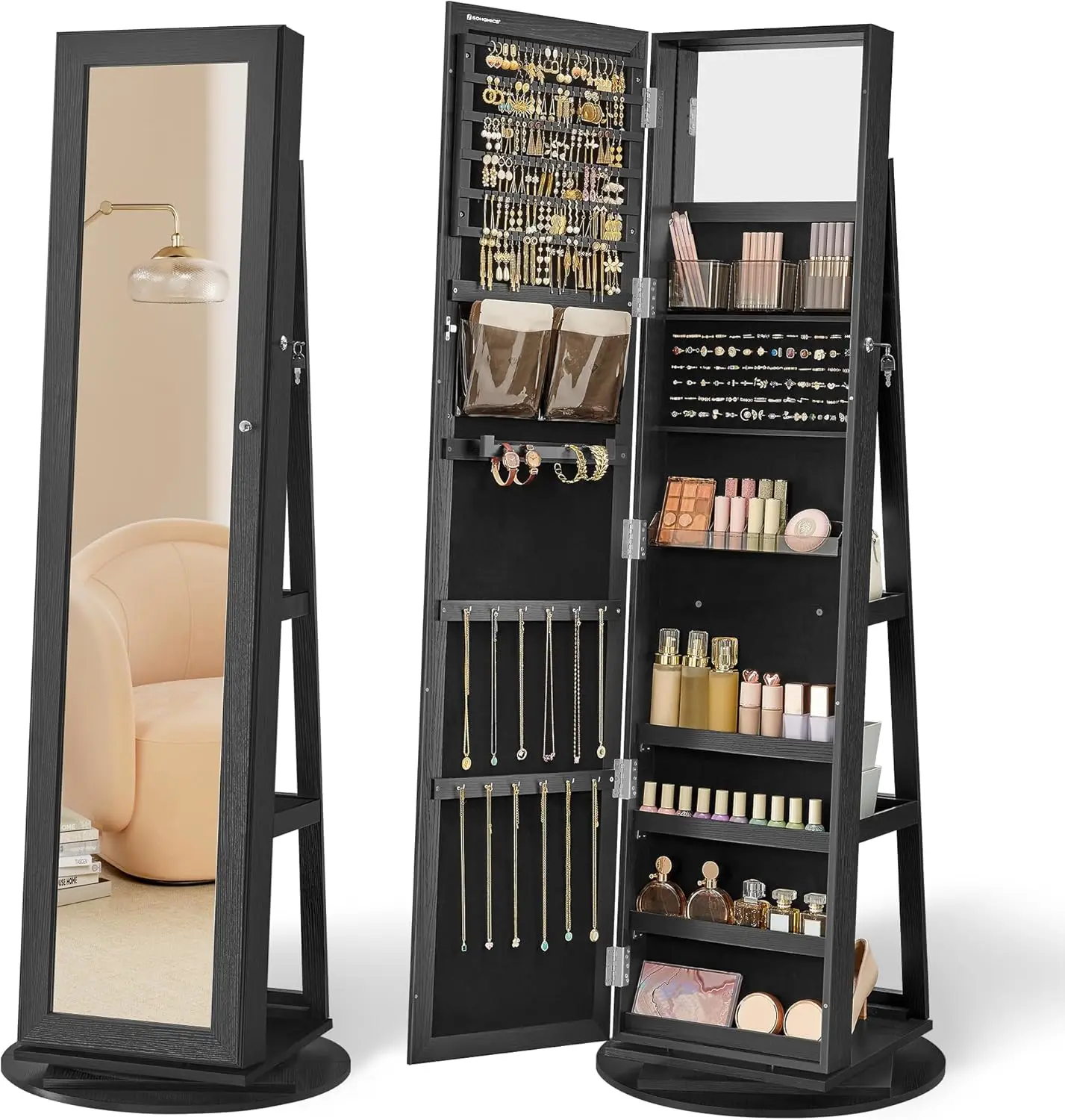 360° Swivel Jewelry Cabinet, Lockable Jewelry Organizer with Full-Length Mirror, Rear Storage Shelves, Interior Mirror
360° Swivel Jewelry Cabinet, Lockable Jewelry Organizer with Full-Length Mirror, Rear Storage Shelves, Interior Mirror
