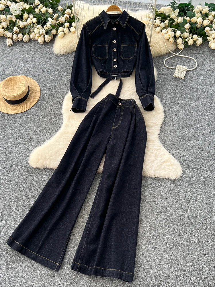 Women's Casual High Waist Denim Jacket Belted Long Sleeve Fashion Set with Straight Leg Pants Autumn Season Two-Piece Outfit
Women's Casual High Waist Denim Jacket Belted Long Sleeve Fashion Set with Straight Leg Pants Autumn Season Two-Piece Outfit