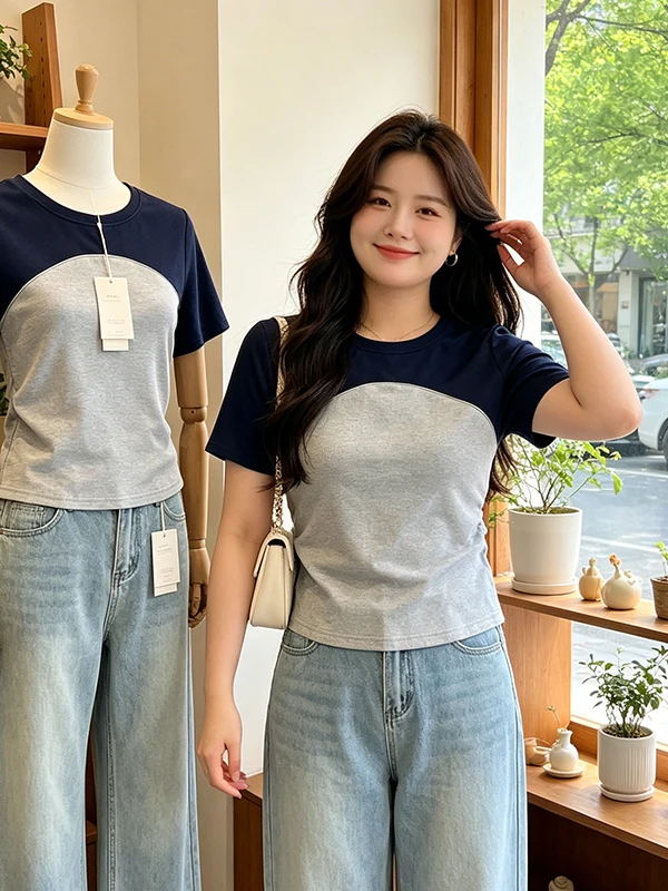 plus Size Korean Style round Neck Short Sleeve T-Shirt Women's Fashion Color Block Slimming Top Versatile Summer Trend
plus Size Korean Style round Neck Short Sleeve T-Shirt Women's Fashion Color Block Slimming Top Versatile Summer Trend