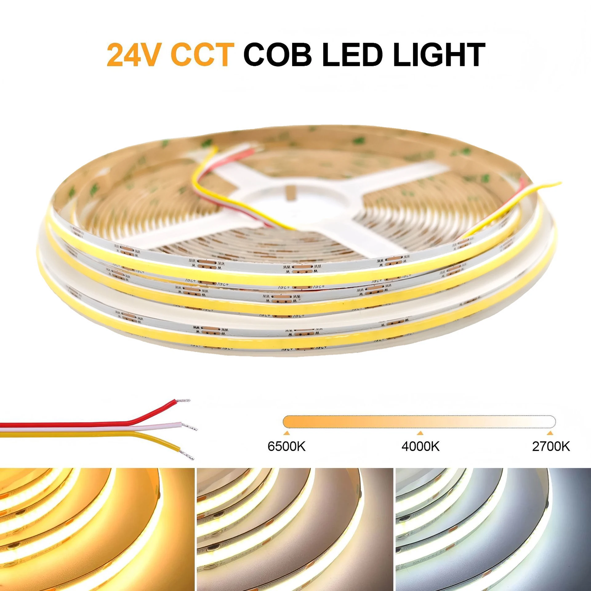 5m/roll CCT 2700K To 6500K Cob Led Strip Dimmable 24V Ra90 576leds High Brightness 8MM CCT Led Strip Light
5m/roll CCT 2700K To 6500K Cob Led Strip Dimmable 24V Ra90 576leds High Brightness 8MM CCT Led Strip Light